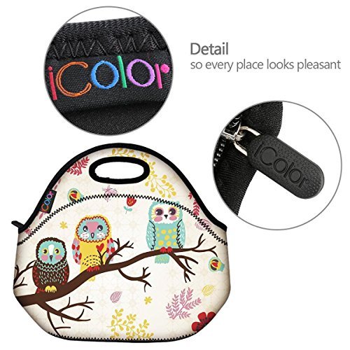 ICOLOR Cute Three Owls Boys Girls Insulated Neoprene Lunch Bag Tote Handbag lunchbox Food Container Gourmet Tote Cooler warm Pouch For School work Office