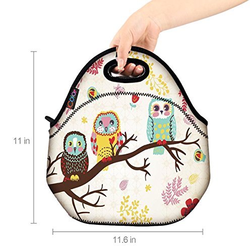 ICOLOR Cute Three Owls Boys Girls Insulated Neoprene Lunch Bag Tote Handbag lunchbox Food Container Gourmet Tote Cooler warm Pouch For School work Office