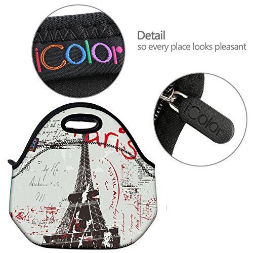 ICOLOR Eiffel Tower Insulated Neoprene Lunch Bag Tote Handbag lunchbox Food Container Gourmet Tote Cooler warm Pouch For School work Office