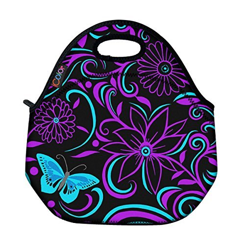 ICOLOR Kids Insulated Lunch Portable Carry Tote Picnic Storage Bag Lunch box Food Bag Gourmet Handbag Cooler warm Pouch Tote bag For School work Office - Purple Butterfly (FLB-020)