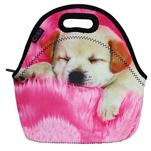 ICOLOR Kids Pink Dog Soft Friendly Insulated Lunch box Food Bag Neoprene Gourmet Handbag lunchbox Cooler warm Pouch Tote bag For School work LB-005