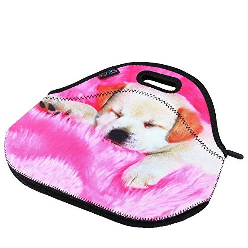 ICOLOR Kids Pink Dog Soft Friendly Insulated Lunch box Food Bag Neoprene Gourmet Handbag lunchbox Cooler warm Pouch Tote bag For School work LB-005