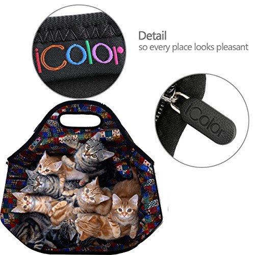 ICOLOR Many Cats Soft Insulated Lunch box Food Bag Neoprene Gourmet Handbag lunchbox Cooler warm Pouch Tote bag For School work LB-060