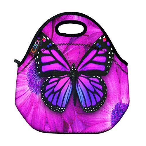 ICOLOR Purple Big Butterfly Insulated Neoprene Lunch Bag Tote Handbag lunchbox Food Container Gourmet Tote Cooler warm Pouch For School work Office