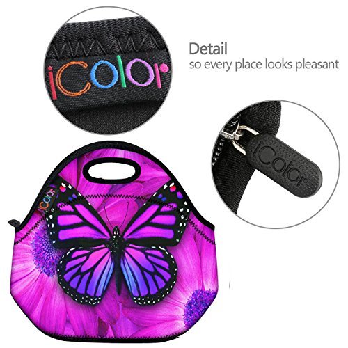 ICOLOR Purple Big Butterfly Insulated Neoprene Lunch Bag Tote Handbag lunchbox Food Container Gourmet Tote Cooler warm Pouch For School work Office