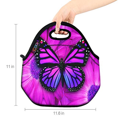 ICOLOR Purple Big Butterfly Insulated Neoprene Lunch Bag Tote Handbag lunchbox Food Container Gourmet Tote Cooler warm Pouch For School work Office