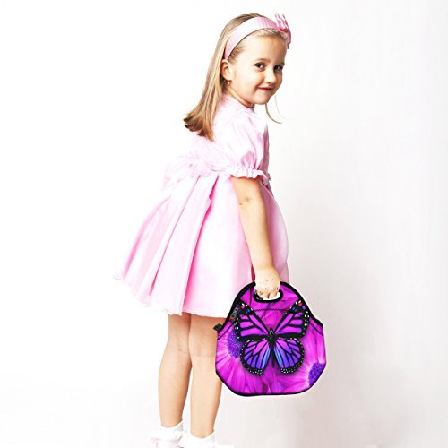 ICOLOR Purple Big Butterfly Insulated Neoprene Lunch Bag Tote Handbag lunchbox Food Container Gourmet Tote Cooler warm Pouch For School work Office