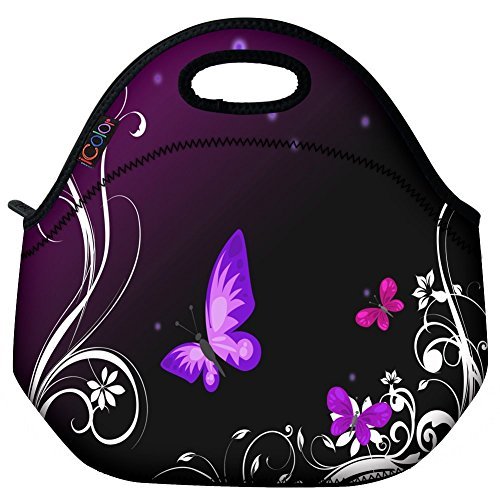 ICOLOR Purple Butterfly Insulated Neoprene Lunch Bag Tote Handbag lunchbox Food Container Gourmet Tote Cooler warm Pouch For School work Office