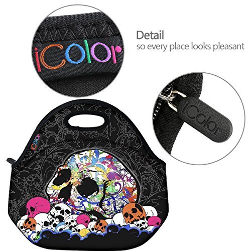 ICOLOR Skull Boys Girls Insulated Neoprene Lunch Bag Tote Handbag lunchbox Food Container Gourmet Tote Cooler warm Pouch For School work Office