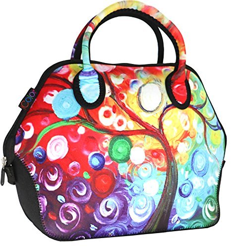 ICOLOR Women and Teen Girls Downtown Large Size Insulated Neoprene Lunch Bag with Reusable Zip Closure Handbag,Stylish Adult Lunch Box For Outdoors,Work,Office, School,Shopping,Gym(Colorful Tree )