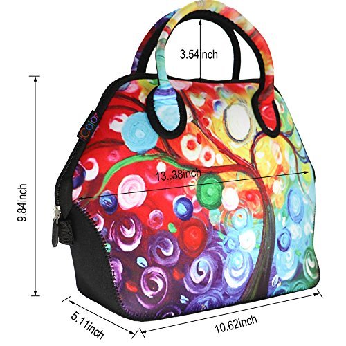 ICOLOR Women and Teen Girls Downtown Large Size Insulated Neoprene Lunch Bag with Reusable Zip Closure Handbag,Stylish Adult Lunch Box For Outdoors,Work,Office, School,Shopping,Gym(Colorful Tree )