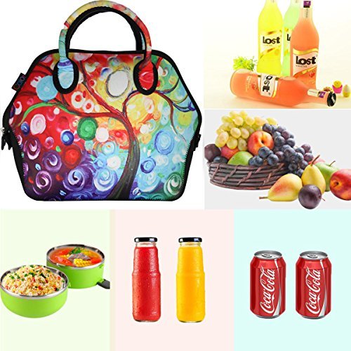 ICOLOR Women and Teen Girls Downtown Large Size Insulated Neoprene Lunch Bag with Reusable Zip Closure Handbag,Stylish Adult Lunch Box For Outdoors,Work,Office, School,Shopping,Gym(Colorful Tree )