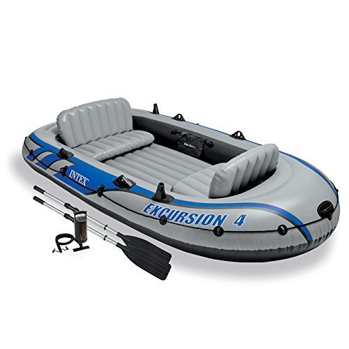 Intex Excursion 4, 4-Person Inflatable Boat Set with Aluminum Oars and High Output Air Pump (Latest Model)