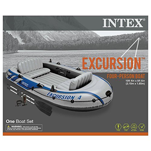 Intex Excursion 4, 4-Person Inflatable Boat Set with Aluminum Oars and High Output Air Pump (Latest Model)