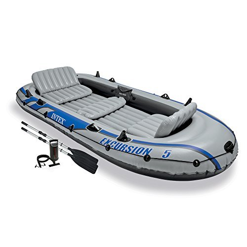 Intex Excursion 5, 5-Person Inflatable Boat Set with Aluminum Oars and High Output Air Pump (Latest Model)