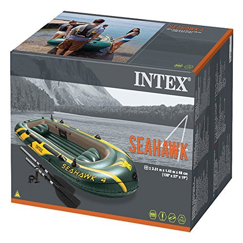 Intex Seahawk 4, 4-Person Inflatable Boat Set with Aluminum Oars and High Output Air Pump (Latest Model)