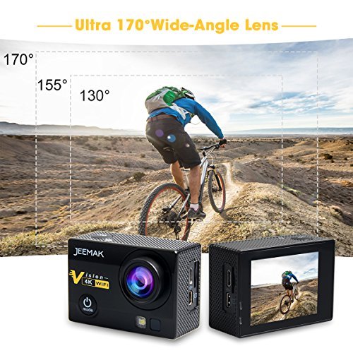 JEEMAK 4K Action Camera 16MP WiFi Waterproof Sports Camera 170° Ultra Wide Angle Len with SONY Sensor,Remote Control 2 Pcs Rechargeable Batteries and Portable Package