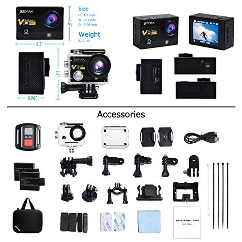 JEEMAK 4K Action Camera 16MP WiFi Waterproof Sports Camera 170° Ultra Wide Angle Len with SONY Sensor,Remote Control 2 Pcs Rechargeable Batteries and Portable Package