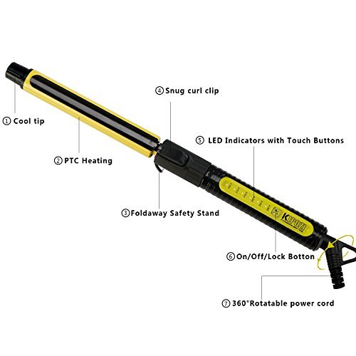 KIPOZI 1inch Pro Curling Iron Ceramic PTC Heating Curling Wand with Rotating Spring Clamp, Touch Buttons Hair Curler, Extra Long Barrel, Heat Protective Glove, Dual Voltage