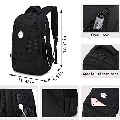 KOLAKO Laptop Backpack, Waterproof School College Computer Backpack Bag, Durable Casual Travel Daypack for Women / Men, with USB Charging Port and Lock, Fits 15.6 inch Laptop and Tablet