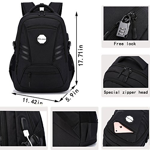 KOLAKO Waterproof Business Laptop Backpack, Casual Hiking Travel Daypack, Anti-Theft College Computer Backpacks with USB Charging Port for Men/Women, Fits 15.6 inch Laptop and Tablet, Black