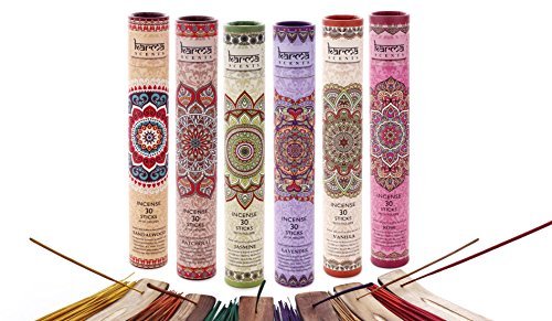 Karma Incense Set with Wood Holder and Wood Box Set, 180 Sticks, Assorted Scent Sandalwood, Patchouli, Jasmine, Lavender, Vanilla, Rose, (Karma Incense Set with Wooden Holder)