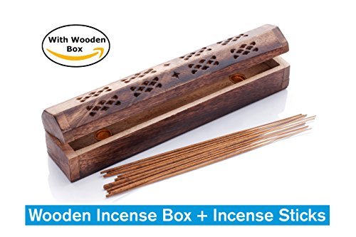 Karma Incense Set with Wood Holder and Wood Box Set, 180 Sticks, Assorted Scent Sandalwood, Patchouli, Jasmine, Lavender, Vanilla, Rose, (Karma Incense Set with Wooden Holder)