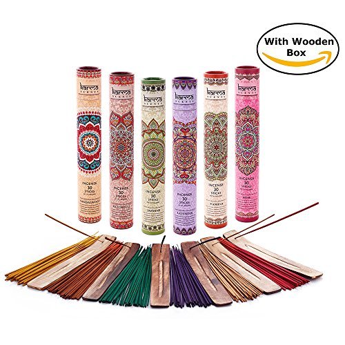 Karma Incense Set with Wood Holder and Wood Box Set, 180 Sticks, Assorted Scent Sandalwood, Patchouli, Jasmine, Lavender, Vanilla, Rose, (Karma Incense Set with Wooden Holder)