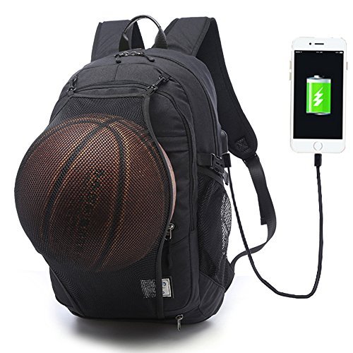 Keynew Laptop Backpack with Basketball Net USB Charging Port Water Resistant Anti Theft 15.6 inch Computer Travel Shoulder Bag - Black