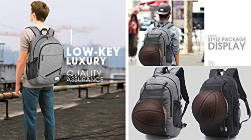 Keynew Laptop Backpack with Basketball Net USB Charging Port Water Resistant Anti Theft 15.6 inch Computer Travel Shoulder Bag - Black