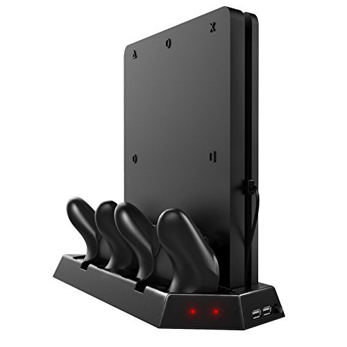 Kootek Newest Vertical Stand for PS4 Slim with Cooling Fan - Controller Charging Station with Dual Charger for Sony Playstation 4 Slim Game Console