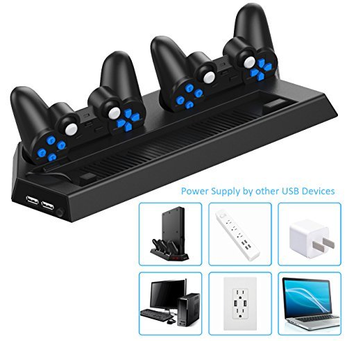 Kootek Newest Vertical Stand for PS4 Slim with Cooling Fan - Controller Charging Station with Dual Charger for Sony Playstation 4 Slim Game Console