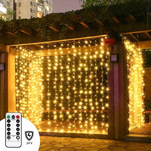 LED Curtain Lights with Remote, Twinkle Star 300 Leds Window Curtain for Indoor and Outdoor, Full Waterproof Multiple String Strands Connectable, RF Controller Safe Low Voltage UL Listed Warm White