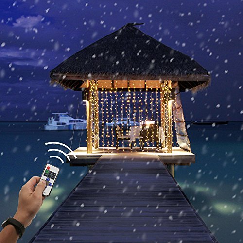 LED Curtain Lights with Remote, Twinkle Star 300 Leds Window Curtain for Indoor and Outdoor, Full Waterproof Multiple String Strands Connectable, RF Controller Safe Low Voltage UL Listed Warm White