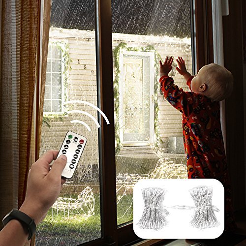 LED Curtain Lights with Remote, Twinkle Star 300 Leds Window Curtain for Indoor and Outdoor, Full Waterproof Multiple String Strands Connectable, RF Controller Safe Low Voltage UL Listed Warm White