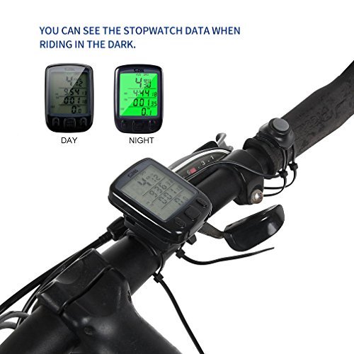 LESHP Cycle Computer Waterproof Cycling Bike Bicycle Speedometer Odometer with Green Backlight LCD Display Multi Function for Cycling Black