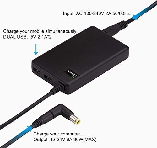 LVSUN Universal Laptop Charger 90W 12-24V One for All - Slim AC Adapter Power Supply Cord with Dual USB Ports for Mobile/Tablet - Compatible with Lenovo HP Toshiba Samsung Acer Asus and Most Notebooks