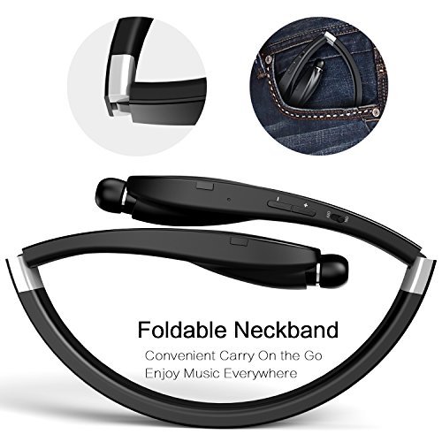 Levin Foldable Bluetooth Headset Bluetooth 4.1 Wireless Headphone Neckband with Retractable Earbuds for iPhone, Samsung Galaxy Series, Android and Other Bluetooth-Enabled Devices