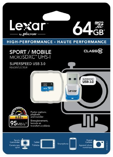 Lexar High-Performance MicroSDXC 633x 64GB UHS-I U1 w/USB 3.0 Reader Flash Memory Card (old U3 version) LSDMI64GBBNL633R