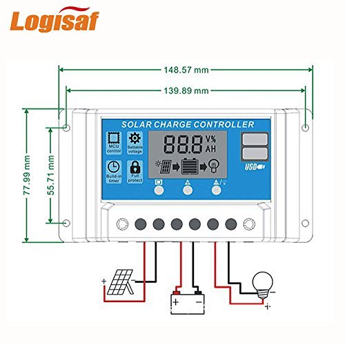 Logisaf 30A 12V/24V Solar Controller LCD Solar Panel Regulator Charge Controller Dual USB Port