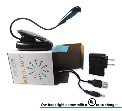 LuminoLite Rechargeable Extra-Bright 4 LED Book Light, Easy Clip On Reading Light, UL Certified AC Charger & USB Cable Included, 2 Brightness Settings, Soft Padded Clamp. Perfect for Bookworms