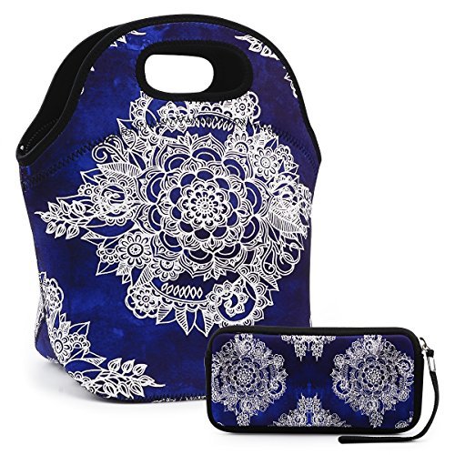 Lunch Bag Extra Large Insulated Lunch Box 13.5" x 13.5" x 7.5" Zipper Tote Bags With Wallte Pouch 6.5"L x 3.5H" (Navy Blue)