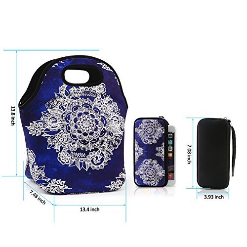 Lunch Bag Extra Large Insulated Lunch Box 13.5" x 13.5" x 7.5" Zipper Tote Bags With Wallte Pouch 6.5"L x 3.5H" (Navy Blue)