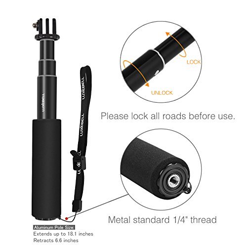 Luxebell Selfie Stick Telescopic Pole Pocket Purse Size with Phone Clip Holder for Gopro Hero 6 5, Session 5, Hero 4/3+/3/2 and Cellphone 6.6"-18.1" (Black)