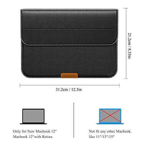 Macbook 12 Inch Case Sleeve with Stand Function, Swees 12 Inch Apple New Macbook Ultrabook Wallet Sleeve PU Leather Cover Case Laptop Carrying Bag with Rear Pocket Design, Black