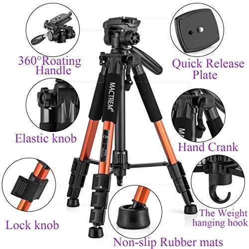 Mactrem PT55 Travel Camera Tripod Lightweight Aluminum for DSLR SLR Canon Nikon Sony Olympus DV with Carry Bag -11 lbs(5kg) Load ( Orange)