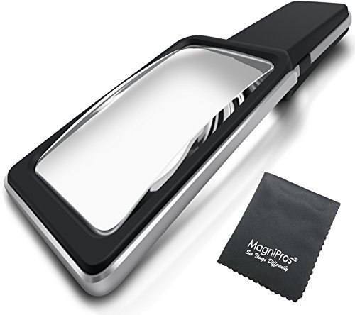 MagniPros 3X Large Wide Horizontal Handheld Magnifying Glass with 6 Ultra Bright Built-in LED Lights & 2 Adjustable Brightness Levels & Bonus Cleaning Cloth 