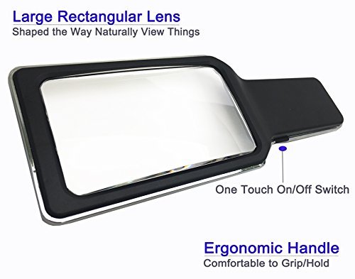 MagniPros 3X Large Wide Horizontal Handheld Magnifying Glass with 6 Ultra Bright Built-in LED Lights & 2 Adjustable Brightness Levels & Bonus Cleaning Cloth 