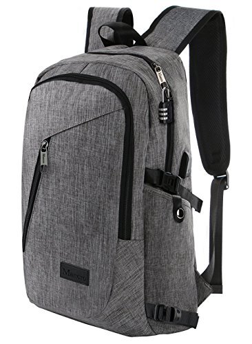 Mancro Business Water Resistant Polyester Laptop Backpack with USB Charging Port and Lock Fits Under 17-Inch Laptop and Notebook, Grey