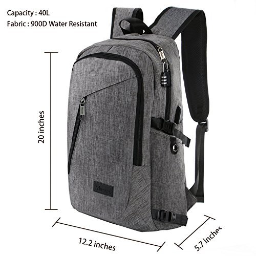 Mancro Business Water Resistant Polyester Laptop Backpack with USB Charging Port and Lock Fits Under 17-Inch Laptop and Notebook, Grey